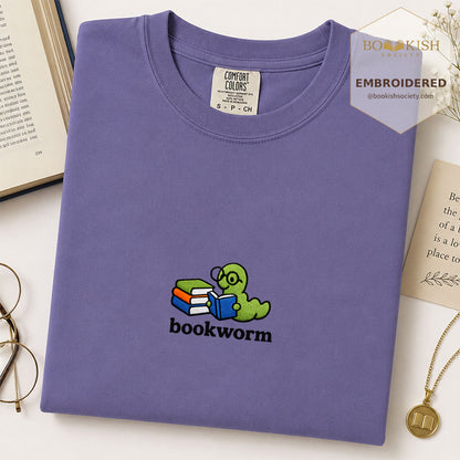 Embroidered Bookworm Comfort Color ® T-shirt Book Lover Gift Grape