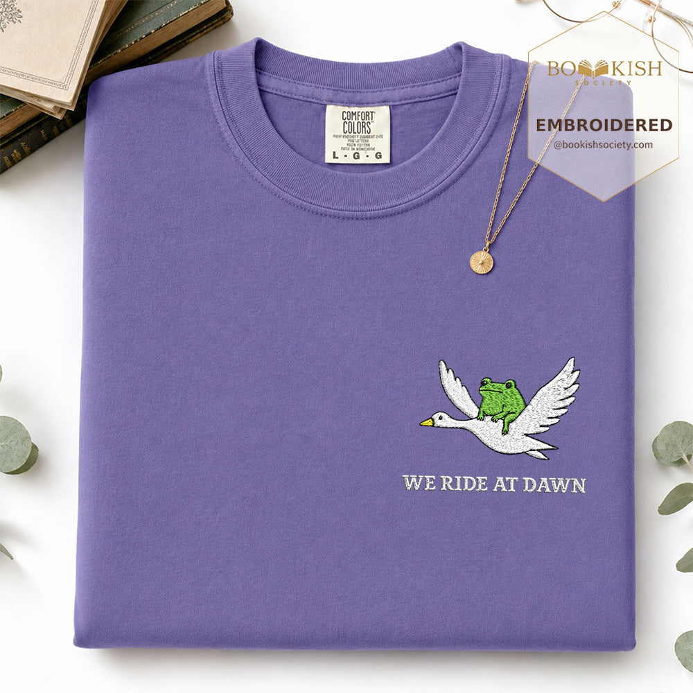 Embroidered We Ride at Dawn Comfort Color ® T-shirt Book Lover Gift Grape