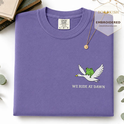 Embroidered We Ride at Dawn Comfort Color ® T-shirt Book Lover Gift Grape