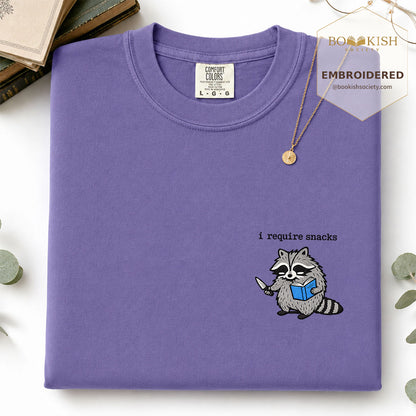 Embroidered I Require Snacks Comfort Color ® T-shirt Book Lover Gift Grape
