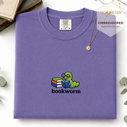 Embroidered Bookworm Comfort Color ® T-shirt Book Lover Gift Grape