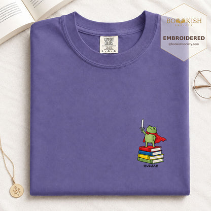 Embroidered Huzzah Cute Frog Comfort Color ® T-shirt Book Lover Gift Grape
