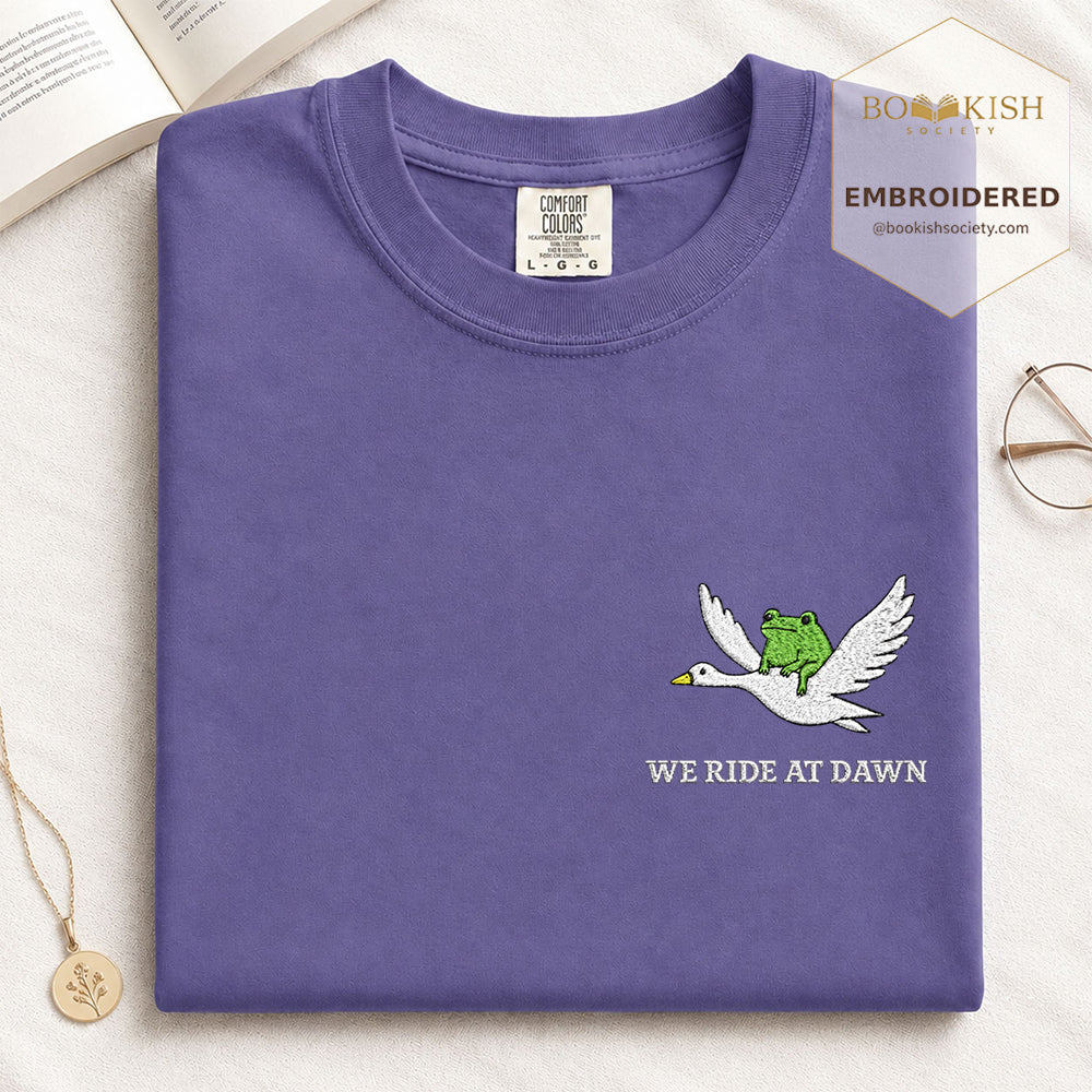 Embroidered We Ride at Dawn Comfort Color ® T-shirt Book Lover Gift Grape