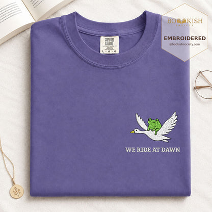 Embroidered We Ride at Dawn Comfort Color ® T-shirt Book Lover Gift Grape