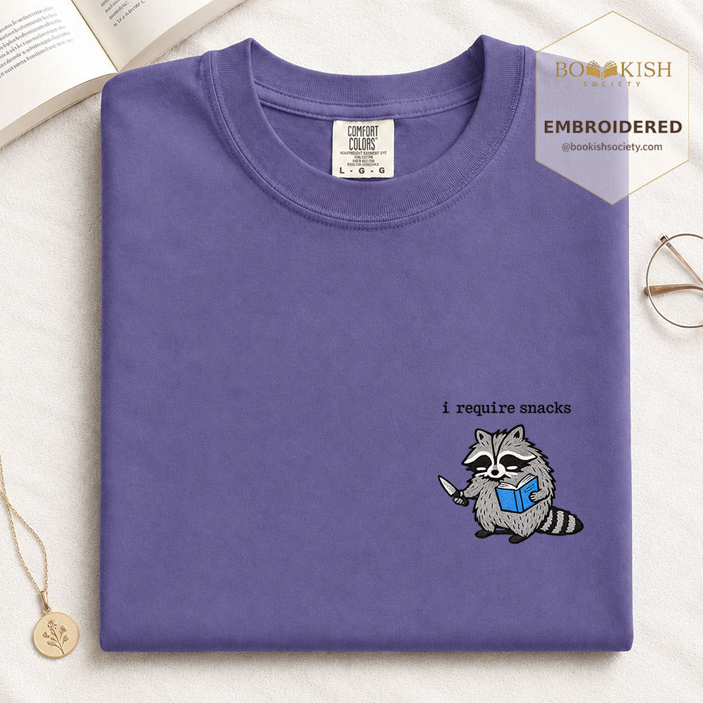 Embroidered I Require Snacks Comfort Color ® T-shirt Book Lover Gift Grape