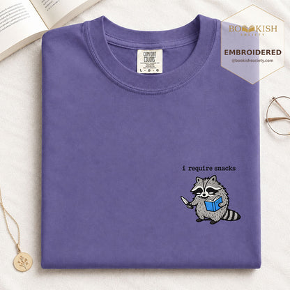 Embroidered I Require Snacks Comfort Color ® T-shirt Book Lover Gift Grape