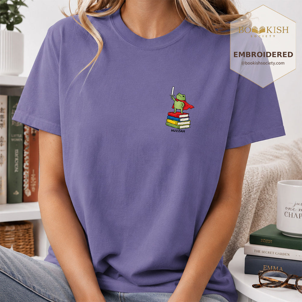 Embroidered Huzzah Cute Frog Comfort Color ® T-shirt Book Lover Gift Grape