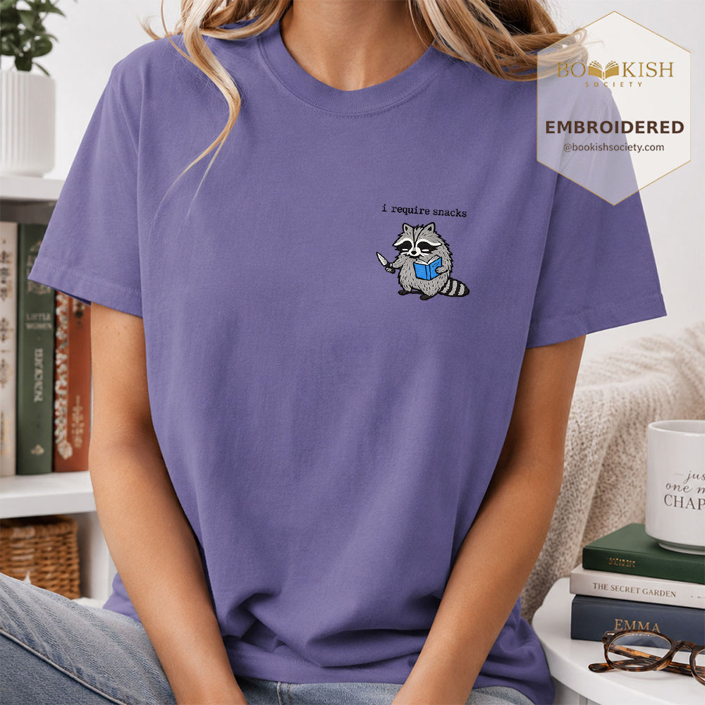 Embroidered I Require Snacks Comfort Color ® T-shirt Book Lover Gift Grape