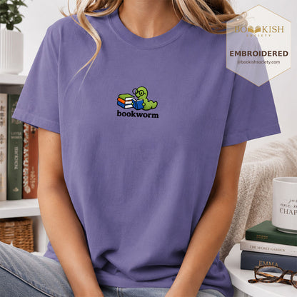Embroidered Bookworm Comfort Color ® T-shirt Book Lover Gift Grape