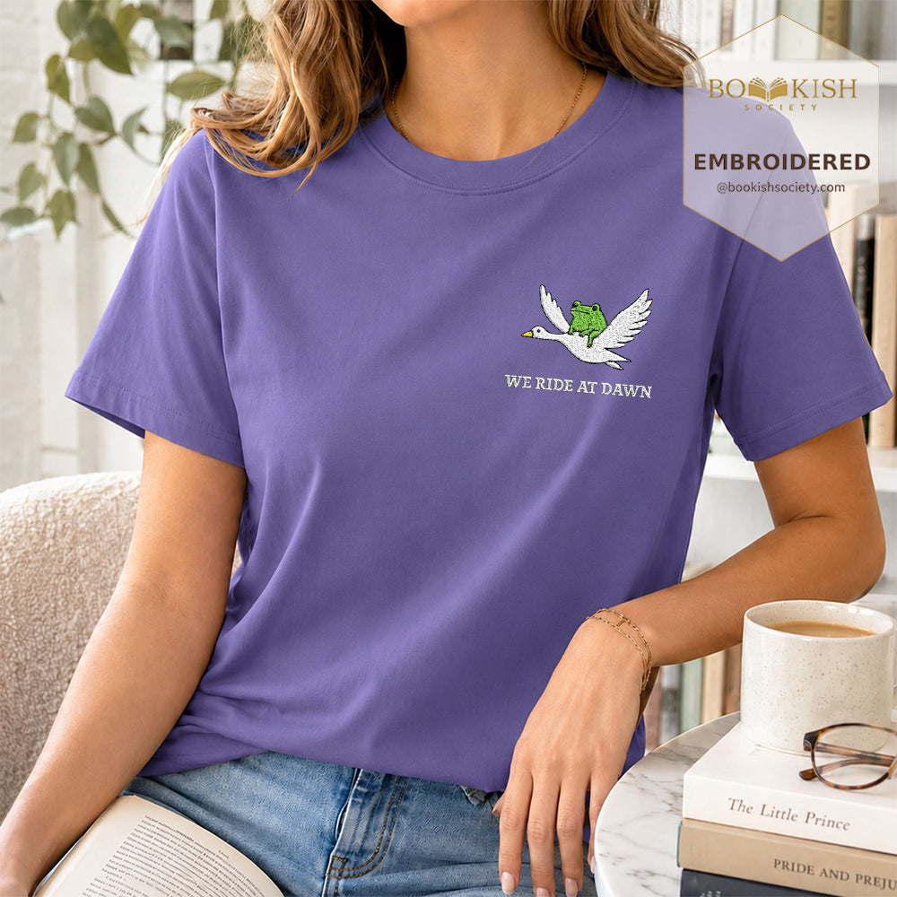 Embroidered We Ride at Dawn Comfort Color ® T-shirt Book Lover Gift Grape