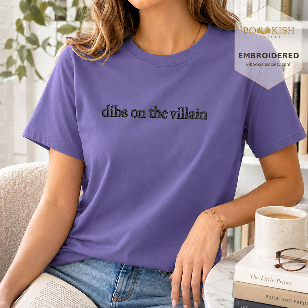 Embroidered Dibs On The Villain Comfort Color ® T-shirt Book Lover Gift Grape