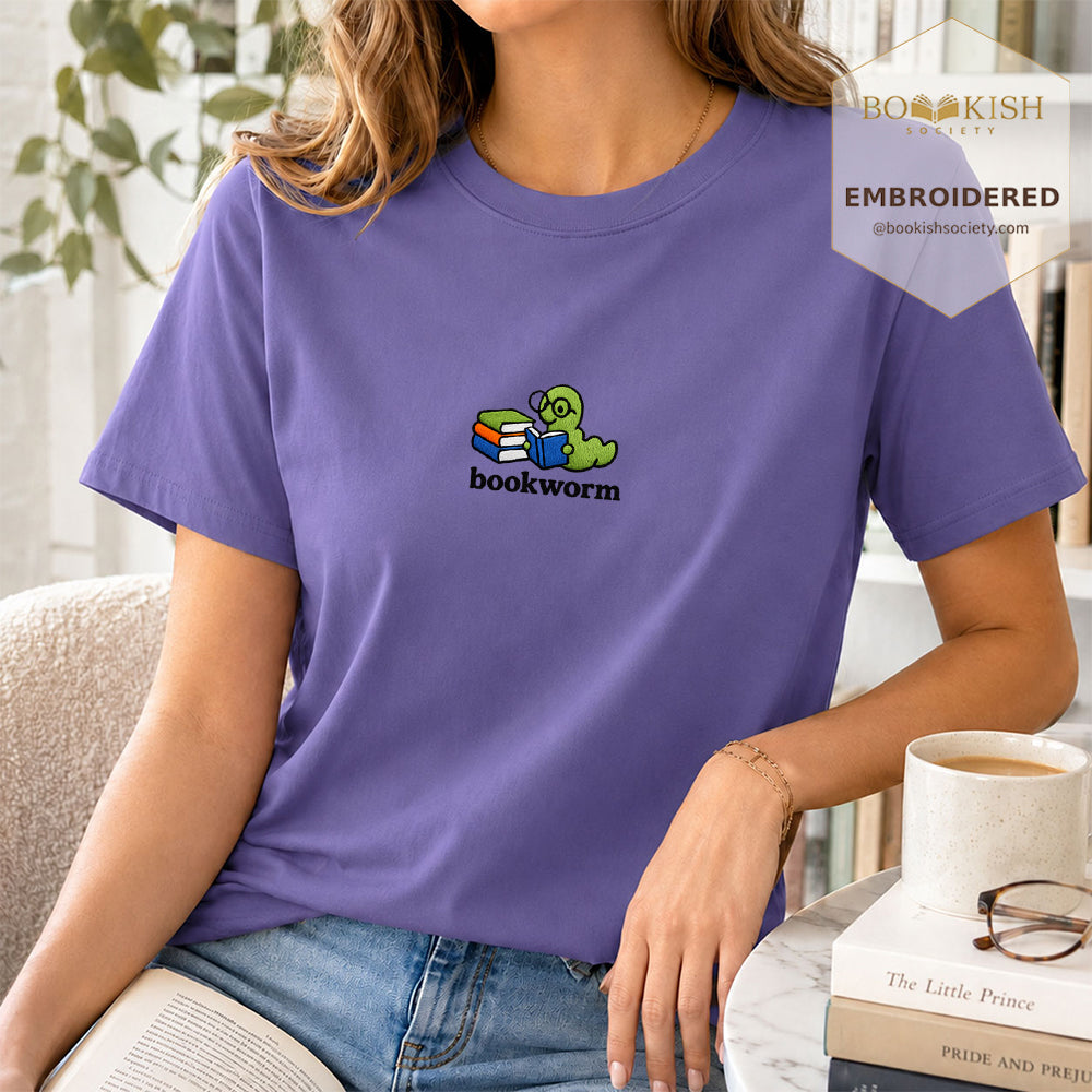 Embroidered Bookworm Comfort Color ® T-shirt Book Lover Gift Grape