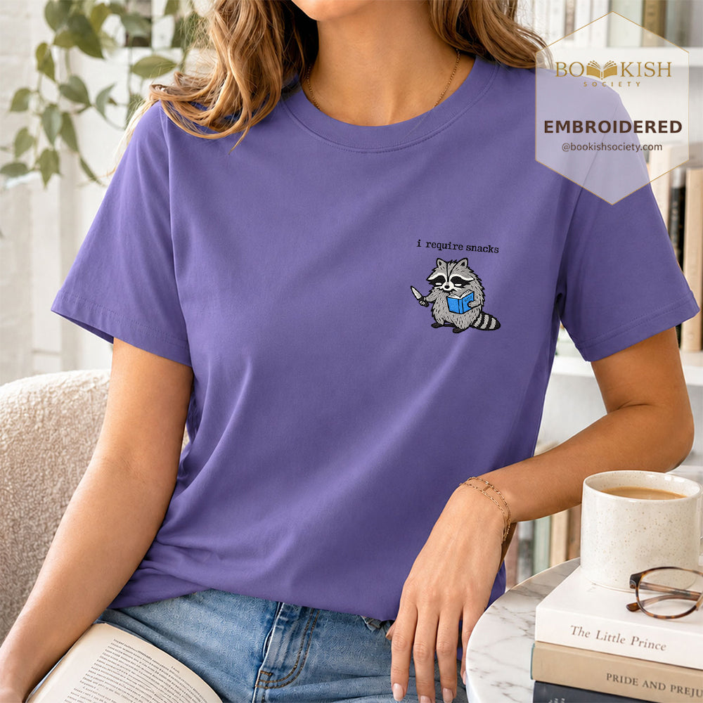 Embroidered I Require Snacks Comfort Color ® T-shirt Book Lover Gift Grape