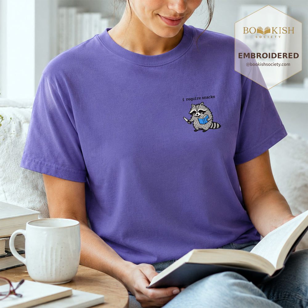 Embroidered I Require Snacks Comfort Color ® T-shirt Book Lover Gift Grape