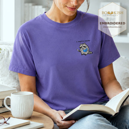 Embroidered I Require Snacks Comfort Color ® T-shirt Book Lover Gift Grape
