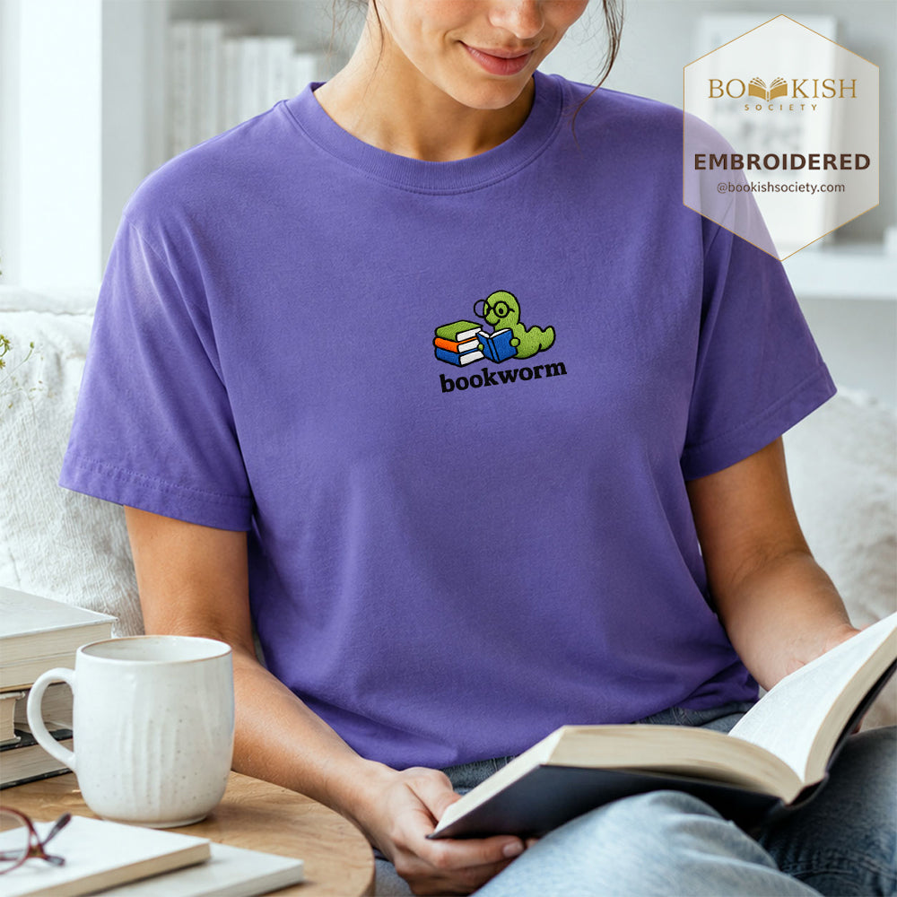 Embroidered Bookworm Comfort Color ® T-shirt Book Lover Gift Grape