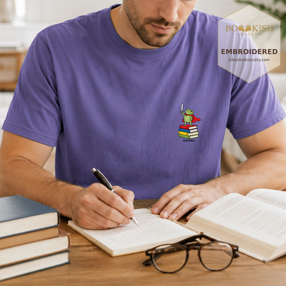 Embroidered Huzzah Cute Frog Comfort Color ® T-shirt Book Lover Gift Grape