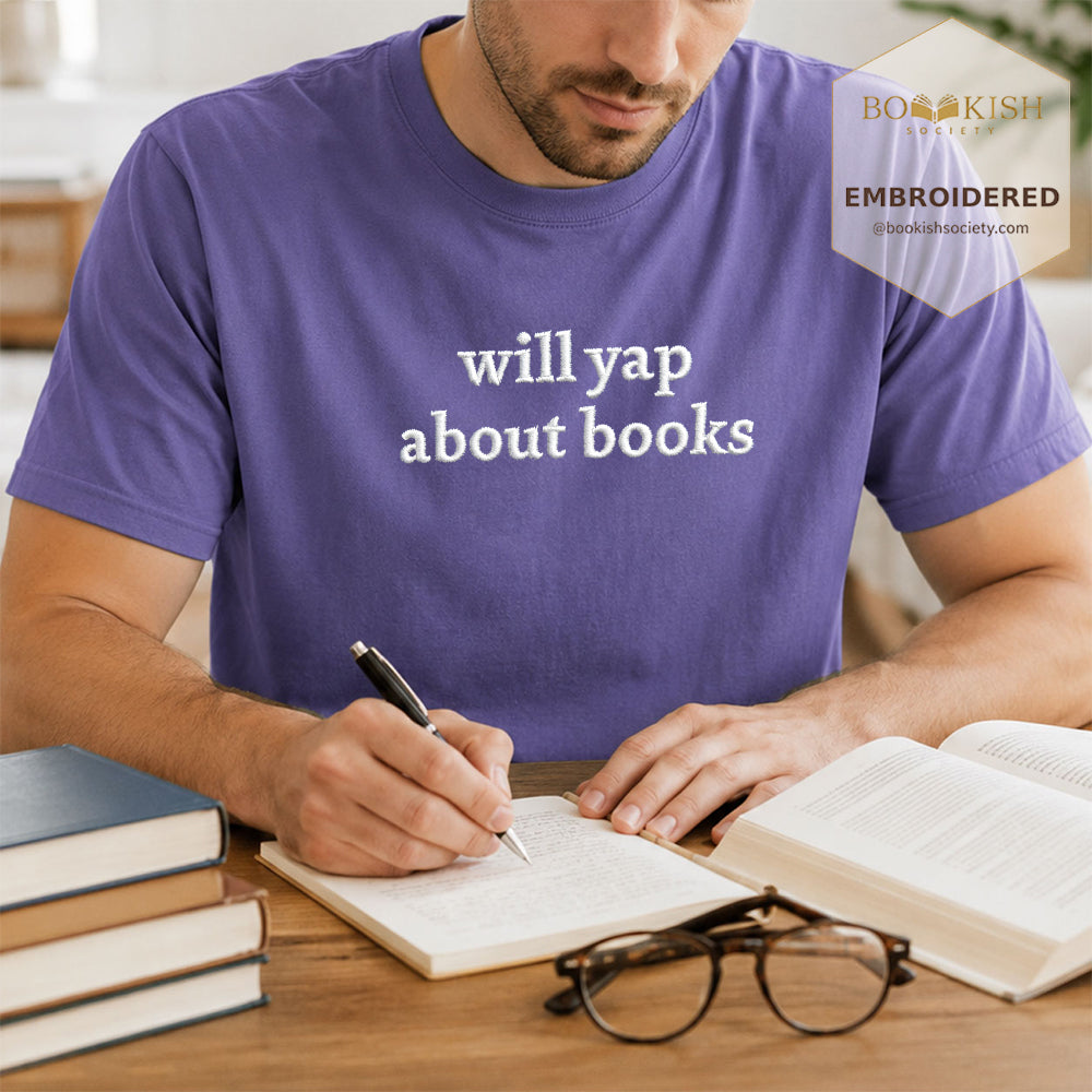 Embroidered Will Yap About Books Comfort Color ® T-shirt Book Lover Gift Grape