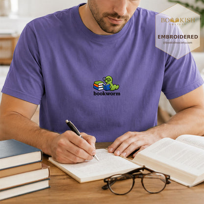 Embroidered Bookworm Comfort Color ® T-shirt Book Lover Gift Grape