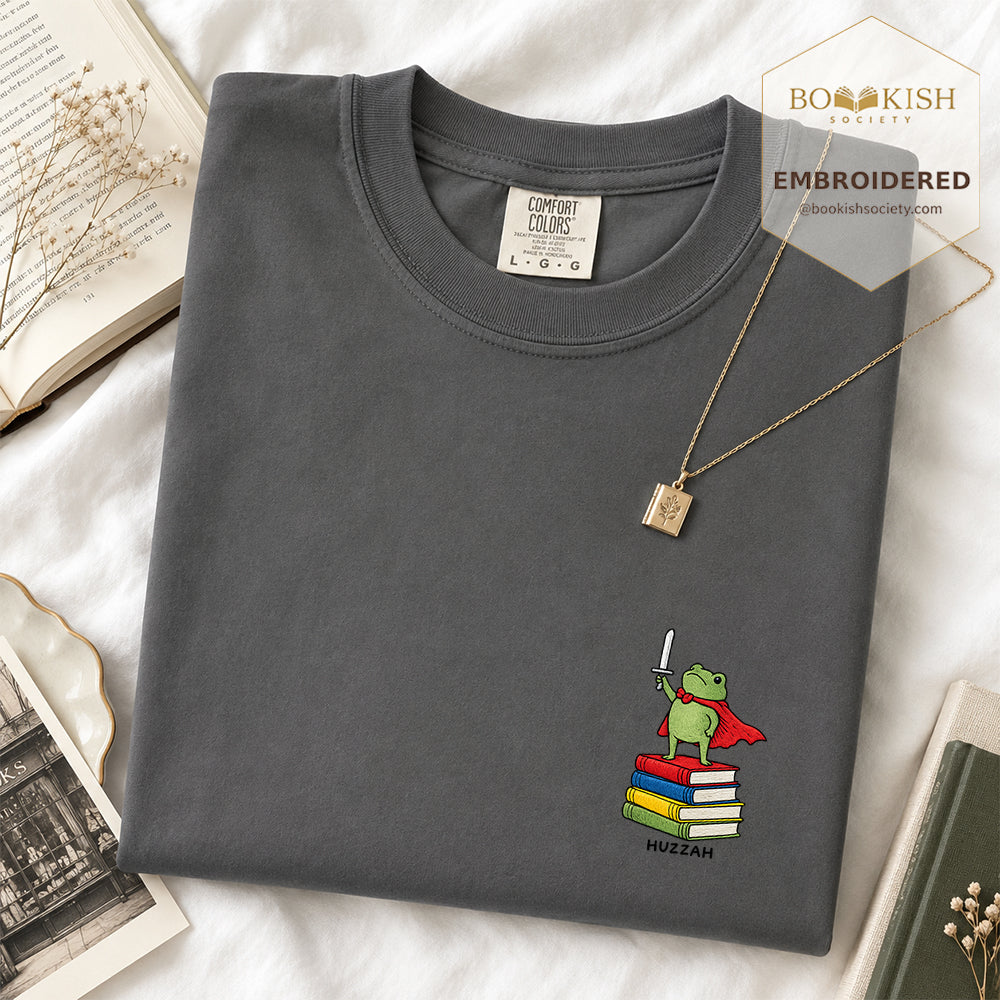 Embroidered Huzzah Cute Frog Comfort Color ® T-shirt Book Lover Gift Graphite