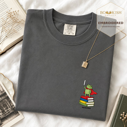 Embroidered Huzzah Cute Frog Comfort Color ® T-shirt Book Lover Gift Graphite
