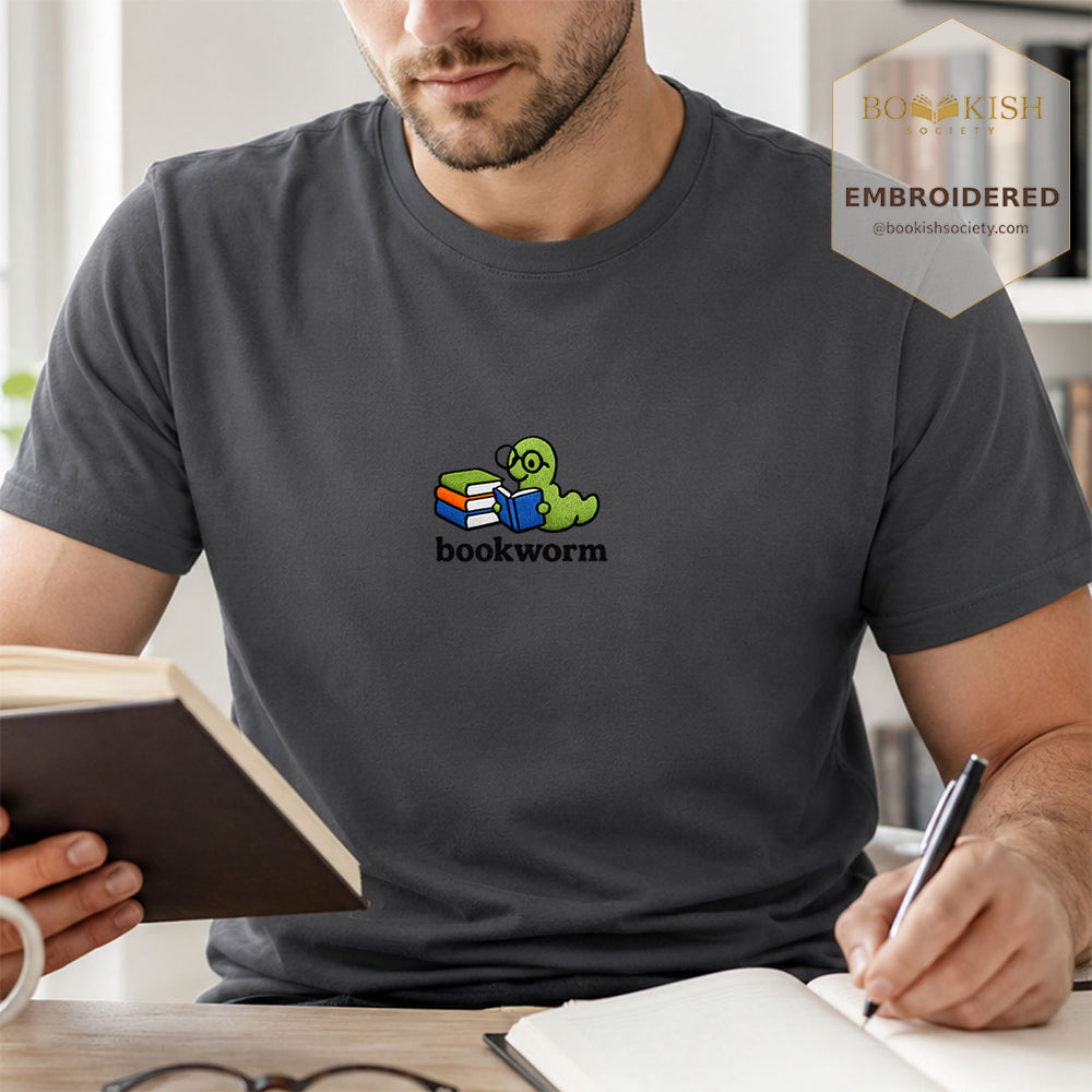 Embroidered Bookworm Comfort Color ® T-shirt Book Lover Gift Graphite