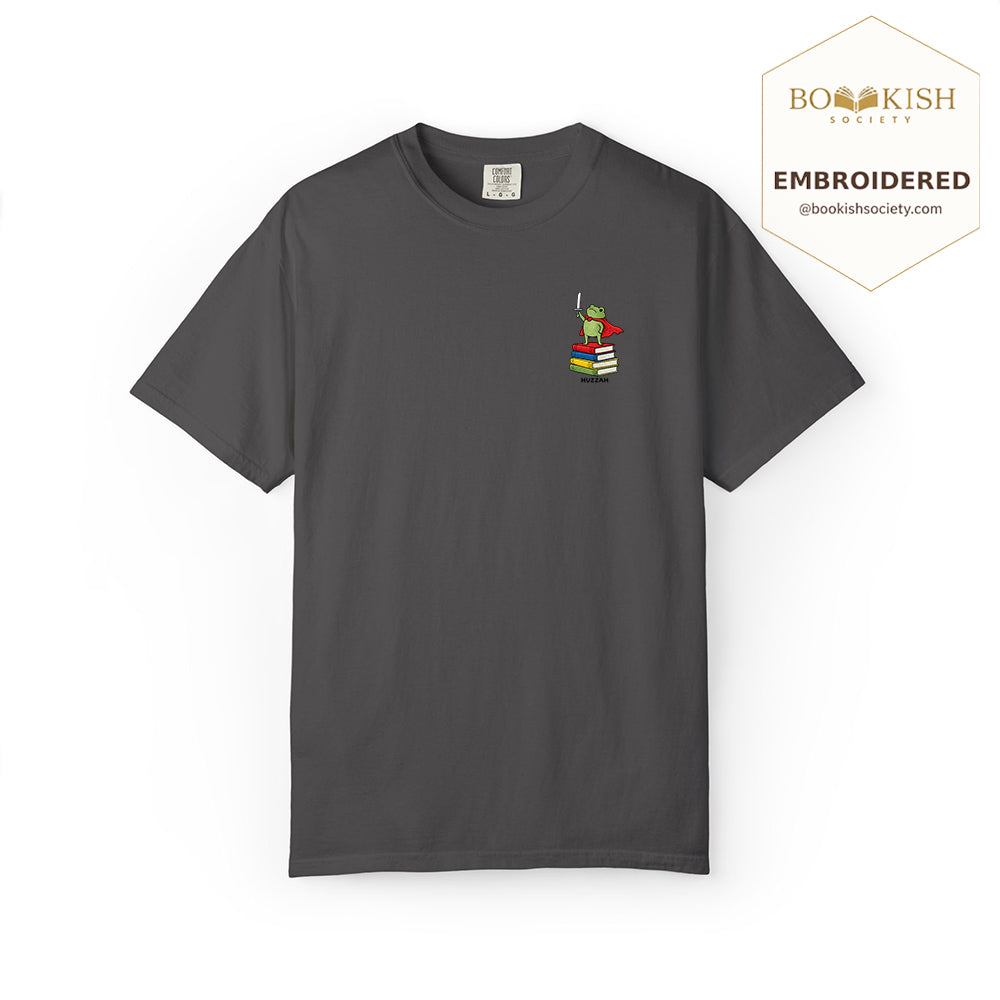 Embroidered Huzzah Cute Frog Comfort Color ® T-shirt Book Lover Gift Graphite