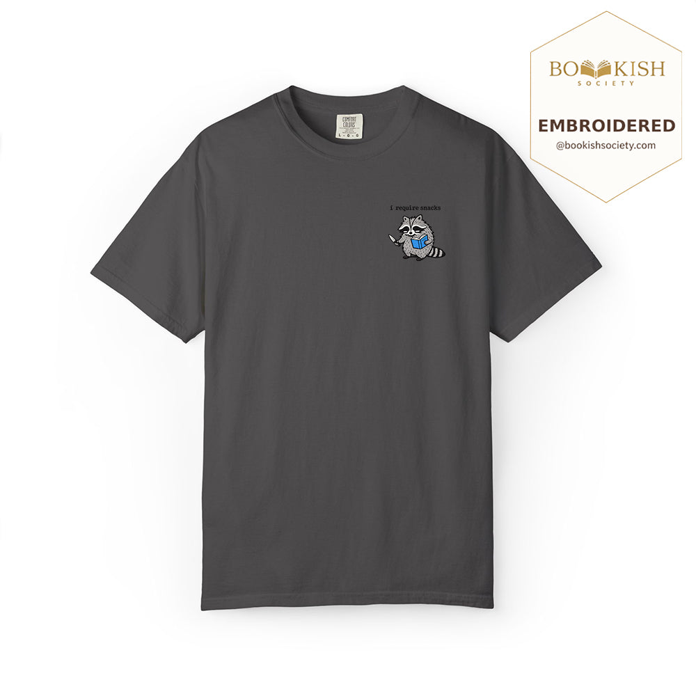 Embroidered I Require Snacks Comfort Color ® T-shirt Book Lover Gift Graphite