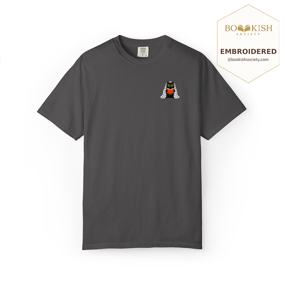 Embroidered Cat Reading Comfort Color ® T-shirt Book Lover Gift Graphite