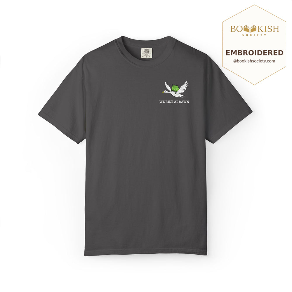 Embroidered We Ride at Dawn Comfort Color ® T-shirt Book Lover Gift Graphite