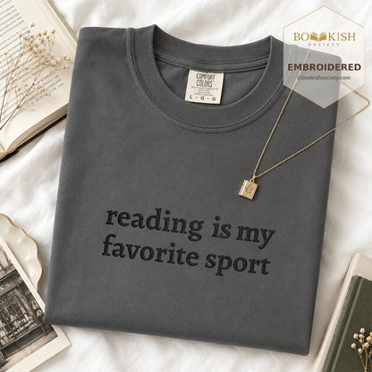 Embroidered Reading Is My Favorite Sport Comfort Color® T-shirt Book Lover Gift Graphite