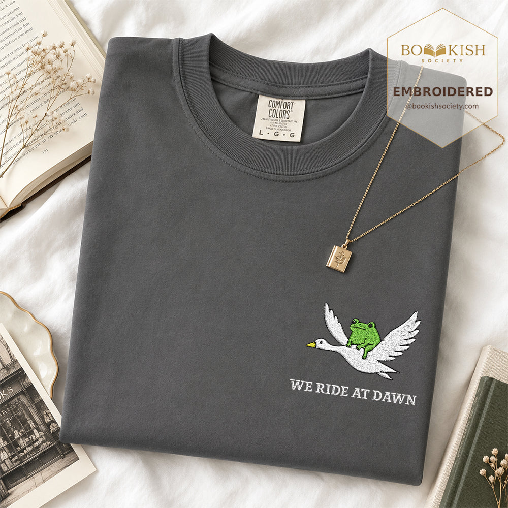 Embroidered We Ride at Dawn Comfort Color ® T-shirt Book Lover Gift Graphite