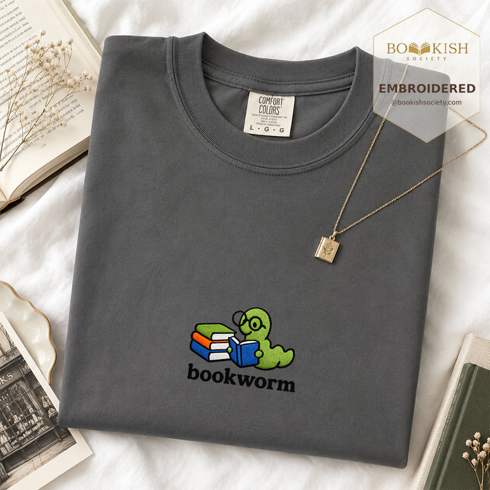 Embroidered Bookworm Comfort Color ® T-shirt Book Lover Gift Graphite