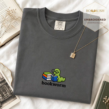 Embroidered Bookworm Comfort Color ® T-shirt Book Lover Gift Graphite