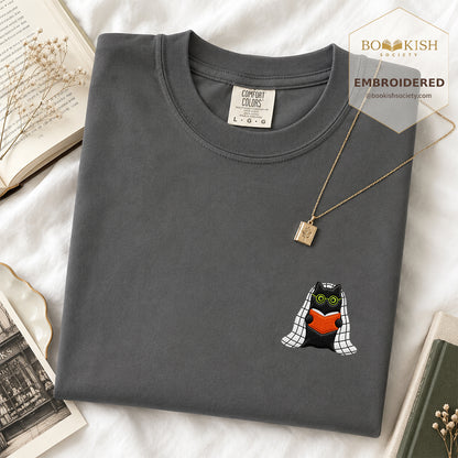 Embroidered Cat Reading Comfort Color ® T-shirt Book Lover Gift Graphite