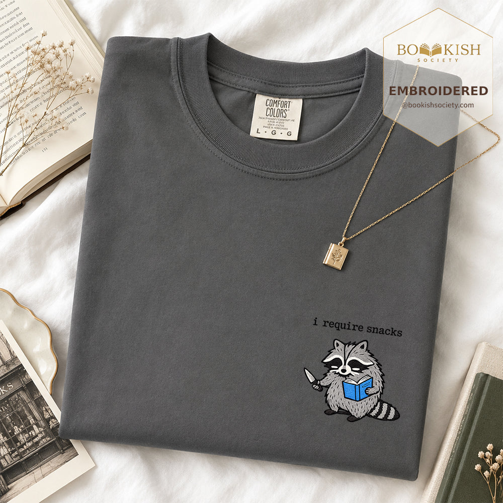Embroidered I Require Snacks Comfort Color ® T-shirt Book Lover Gift Graphite