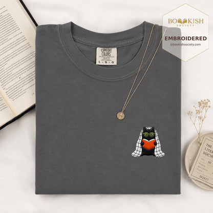 Embroidered Cat Reading Comfort Color ® T-shirt Book Lover Gift Graphite