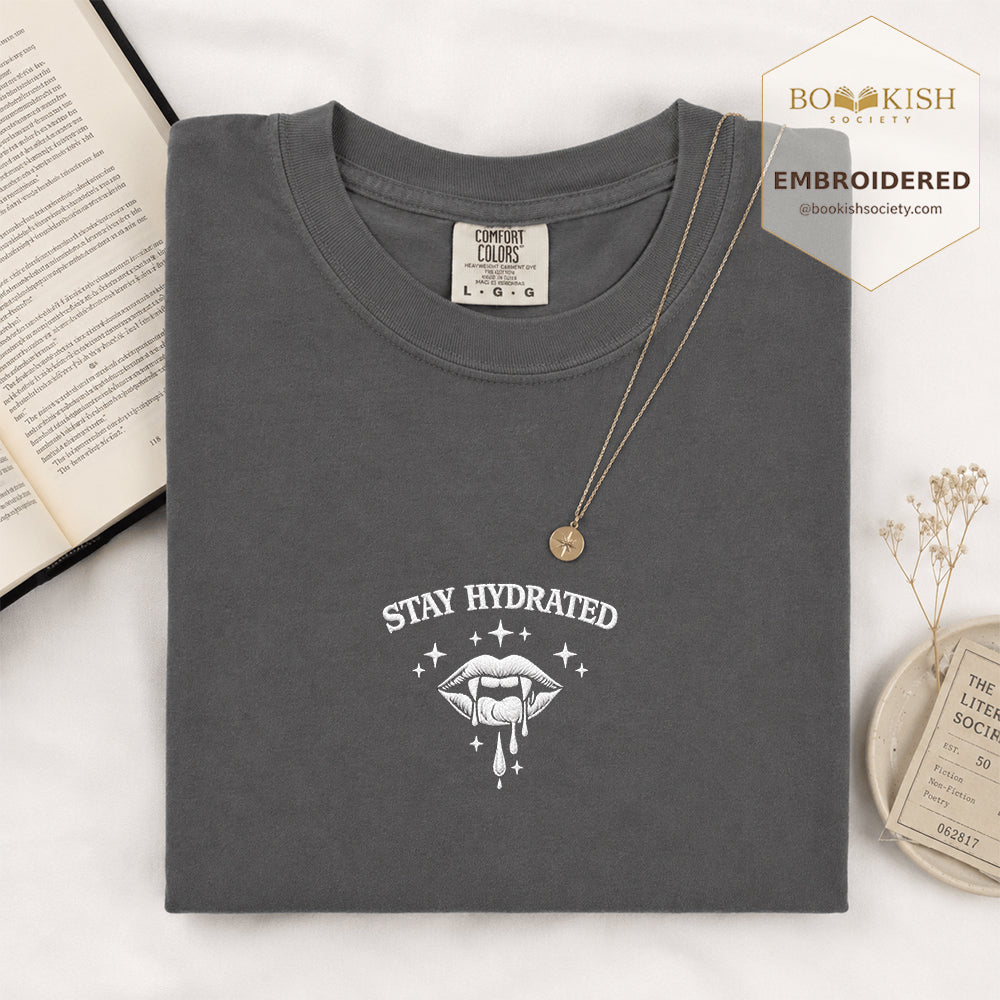 Embroidered Stay Hydrated Comfort Color ® T-shirt Book Lover Gift Graphite