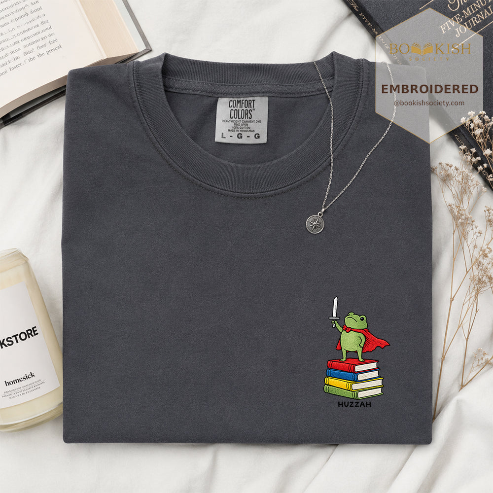 Embroidered Huzzah Cute Frog Comfort Color ® T-shirt Book Lover Gift Graphite