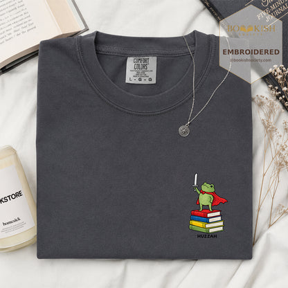 Embroidered Huzzah Cute Frog Comfort Color ® T-shirt Book Lover Gift Graphite