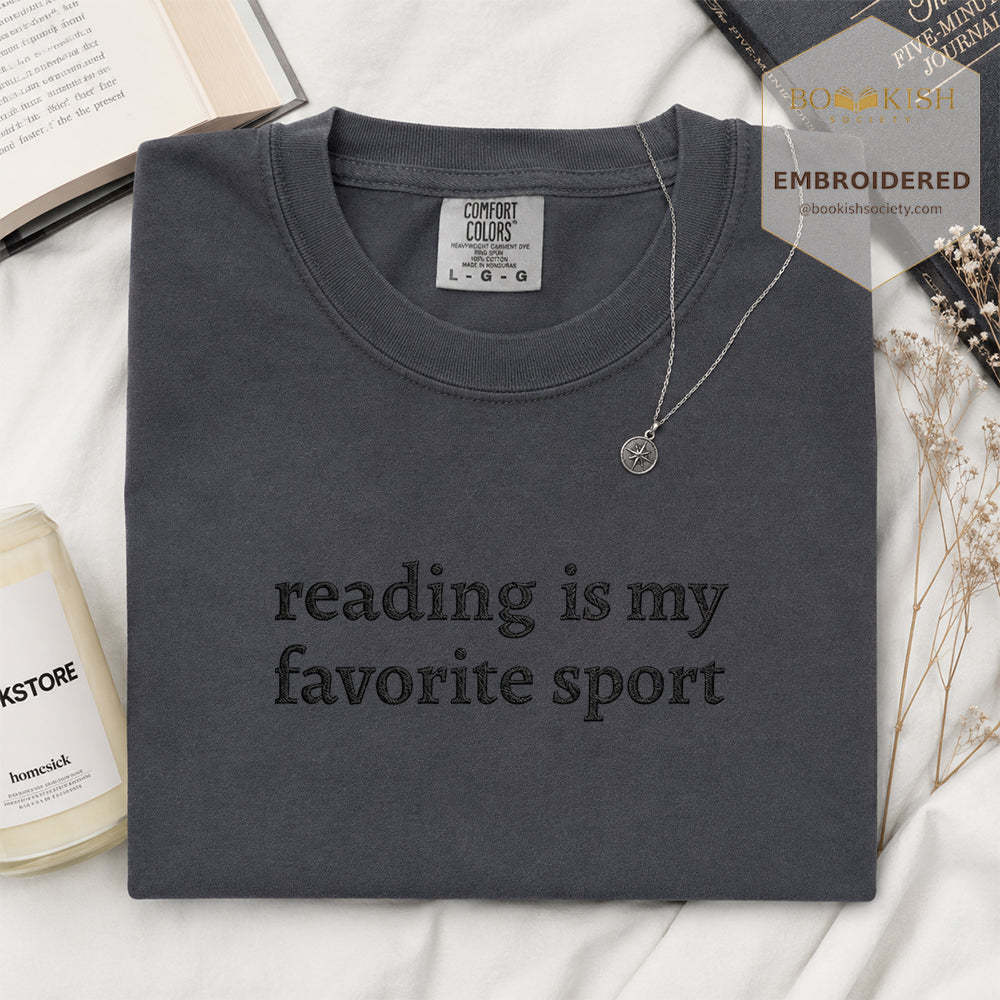 Embroidered Reading Is My Favorite Sport Comfort Color® T-shirt Book Lover Gift Graphite