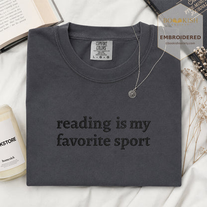 Embroidered Reading Is My Favorite Sport Comfort Color® T-shirt Book Lover Gift Graphite