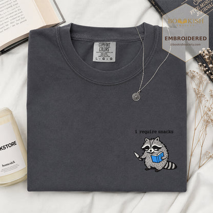 Embroidered I Require Snacks Comfort Color ® T-shirt Book Lover Gift Graphite