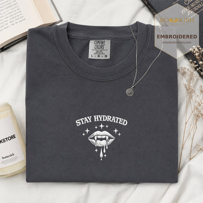 Embroidered Stay Hydrated Comfort Color ® T-shirt Book Lover Gift Graphite