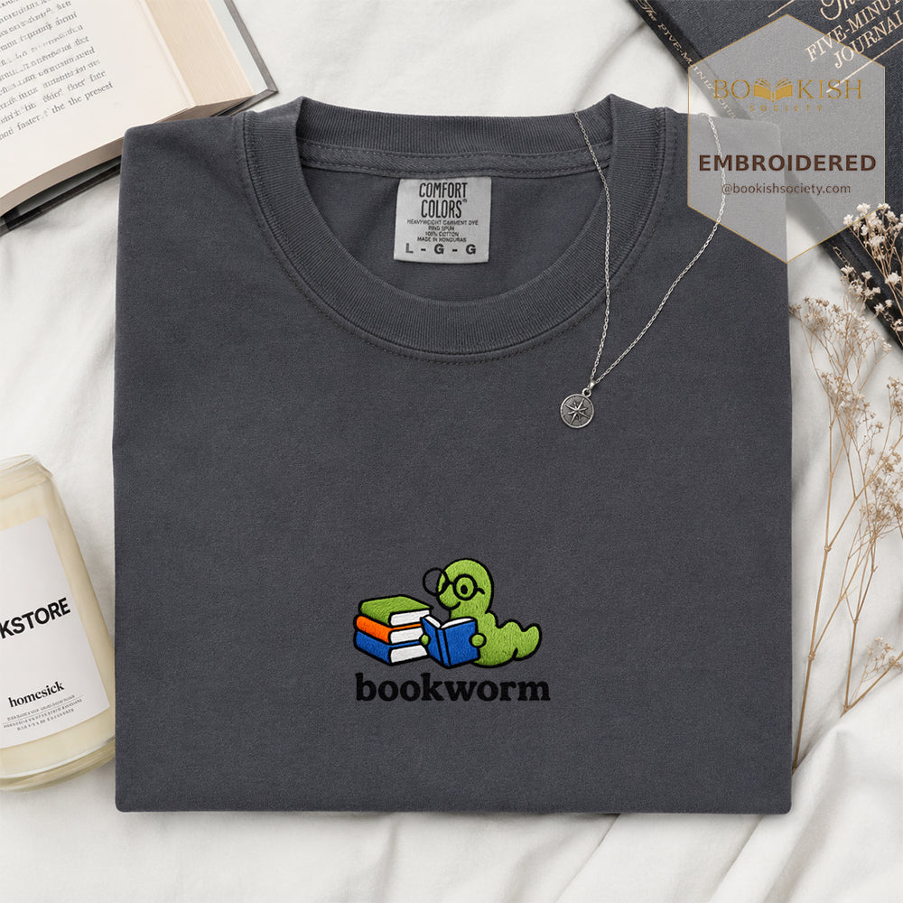 Embroidered Bookworm Comfort Color ® T-shirt Book Lover Gift Graphite