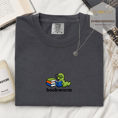 Embroidered Bookworm Comfort Color ® T-shirt Book Lover Gift Graphite