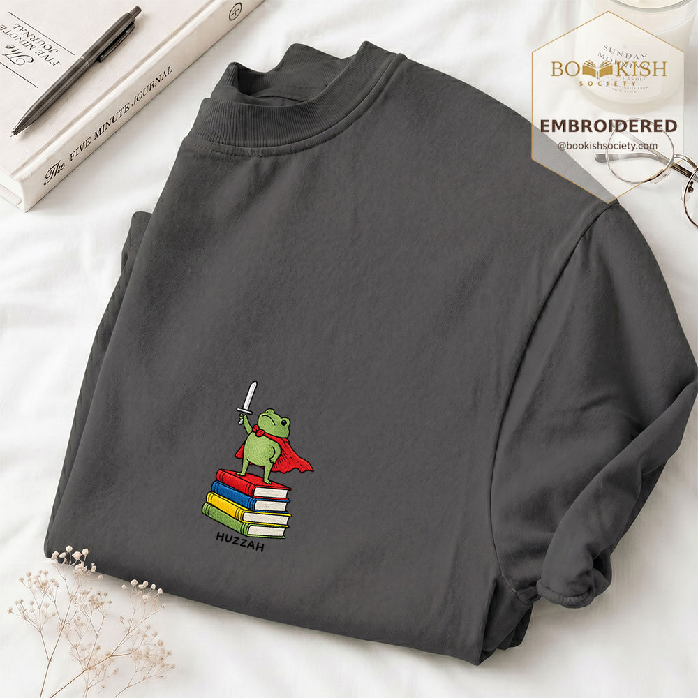 Embroidered Huzzah Cute Frog Comfort Color ® T-shirt Book Lover Gift Graphite