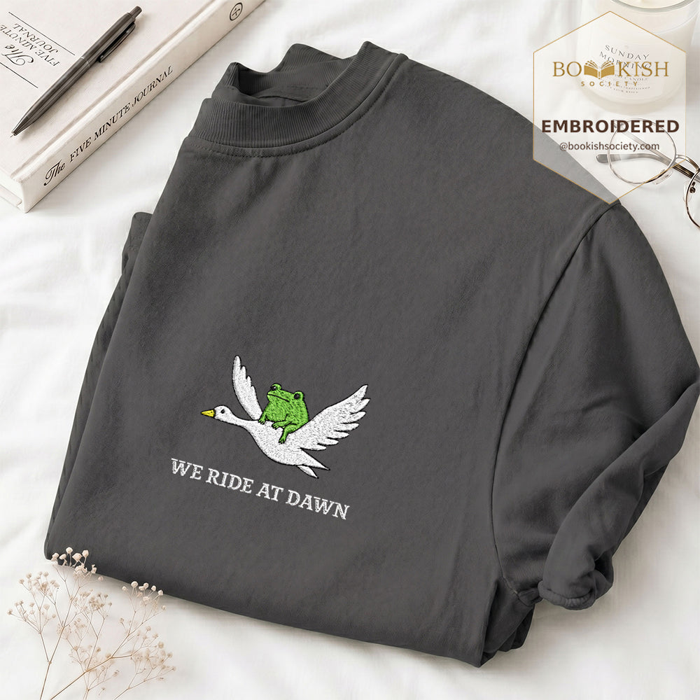 Embroidered We Ride at Dawn Comfort Color ® T-shirt Book Lover Gift Graphite