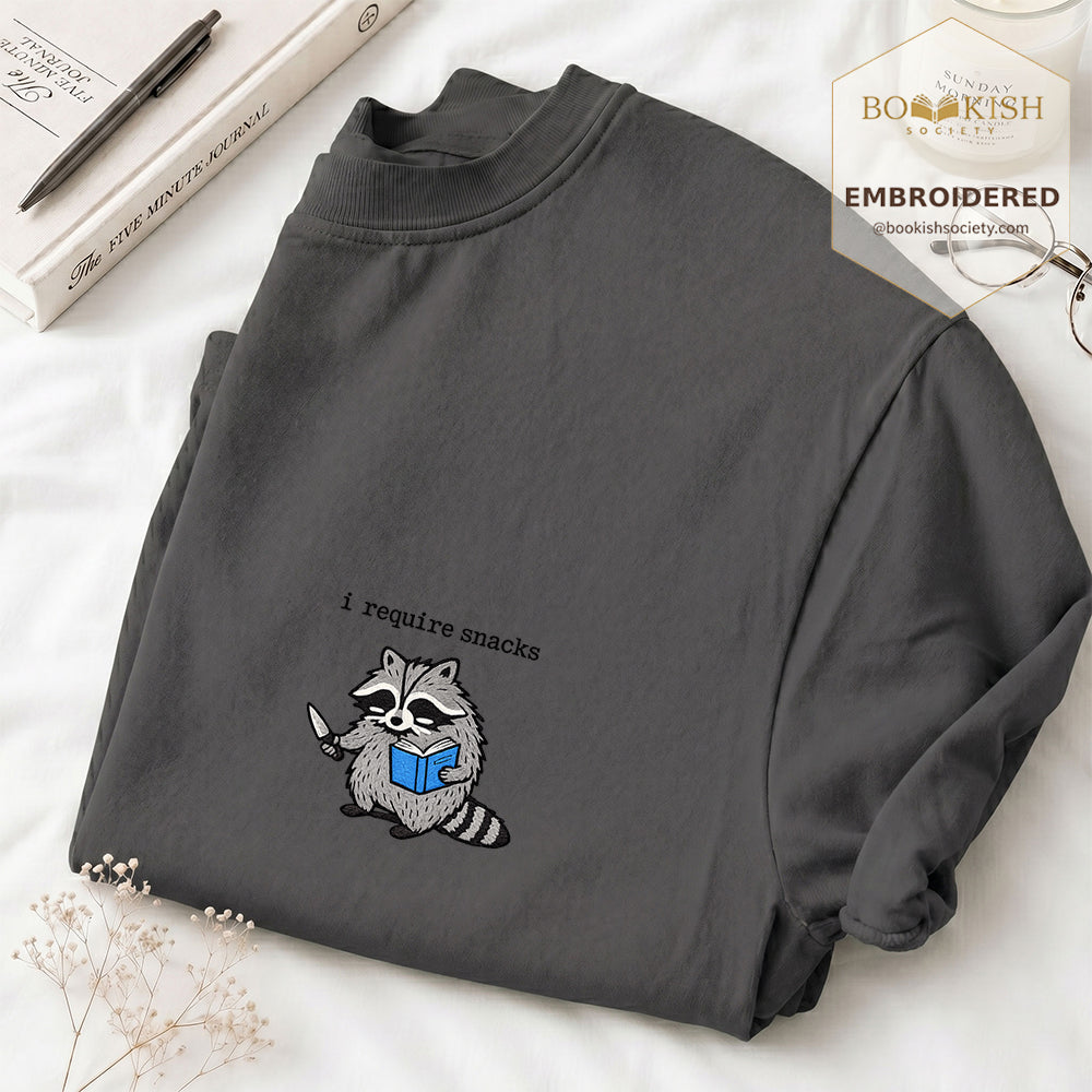 Embroidered I Require Snacks Comfort Color ® T-shirt Book Lover Gift Graphite