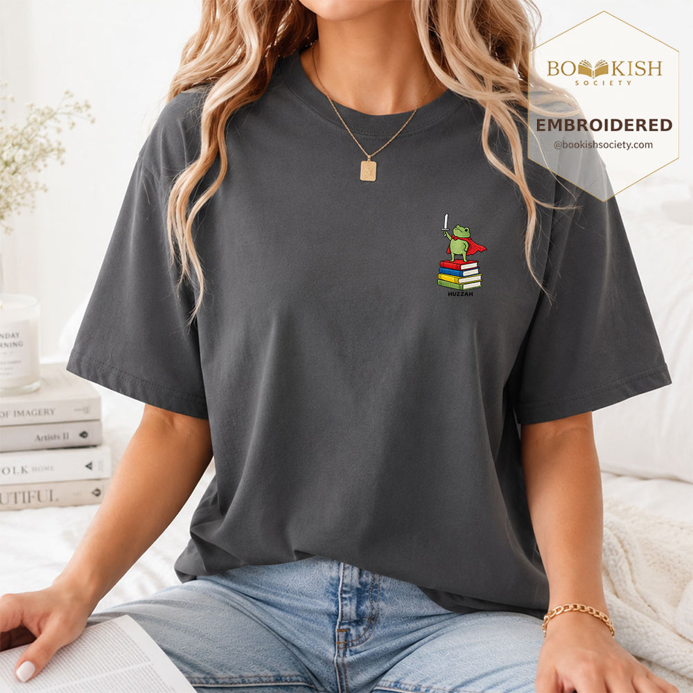 Embroidered Huzzah Cute Frog Comfort Color ® T-shirt Book Lover Gift Graphite